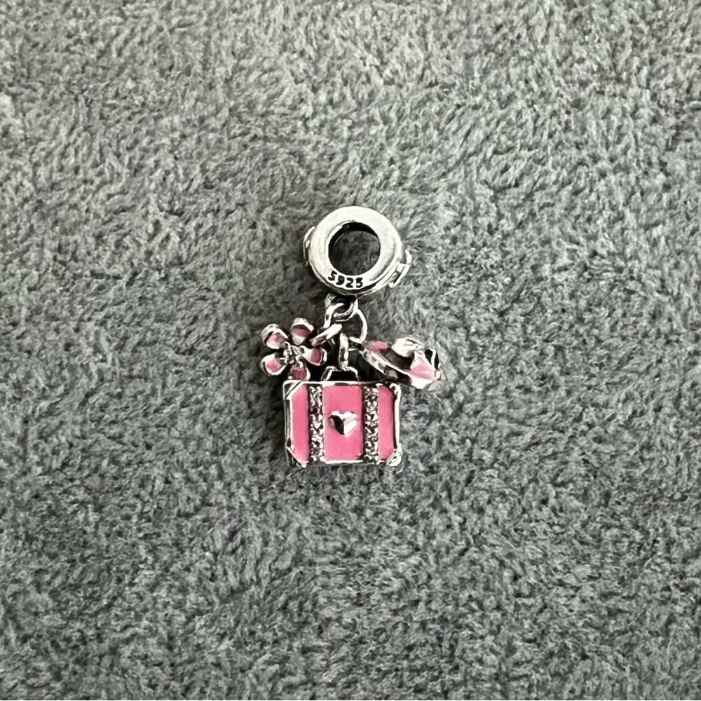 Pink suitcase, hat and flower dangle charm